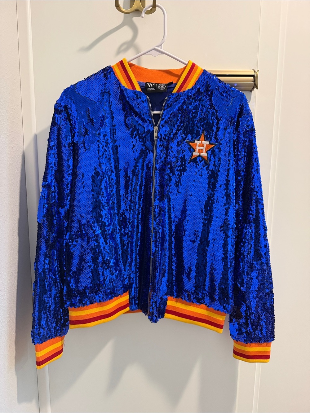 Blue Sequin Varsity Astros Jacket with Orange Trim